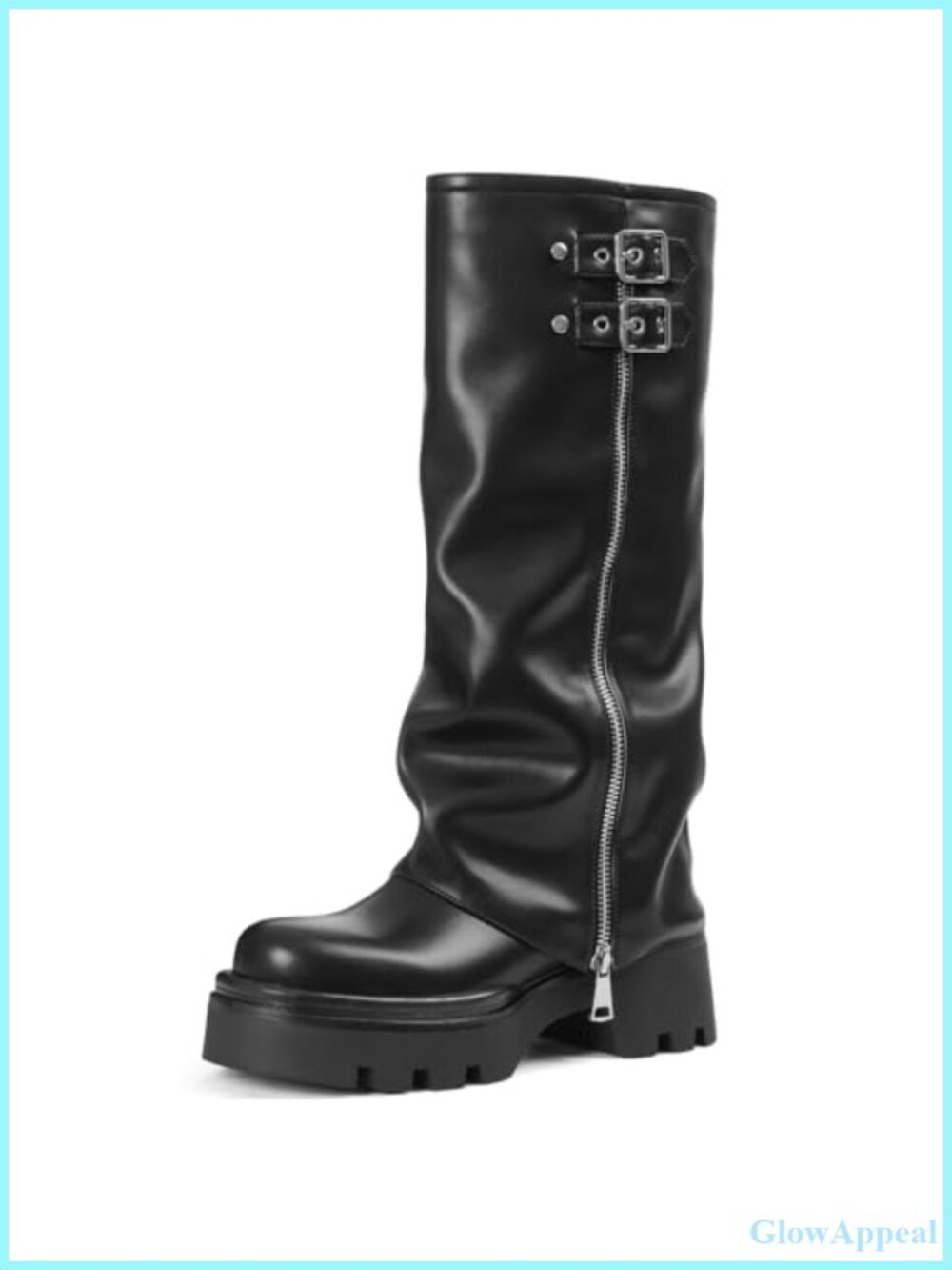 Faux Leather Knee High Foldover Platform Moto Boots Chunky Block Heel